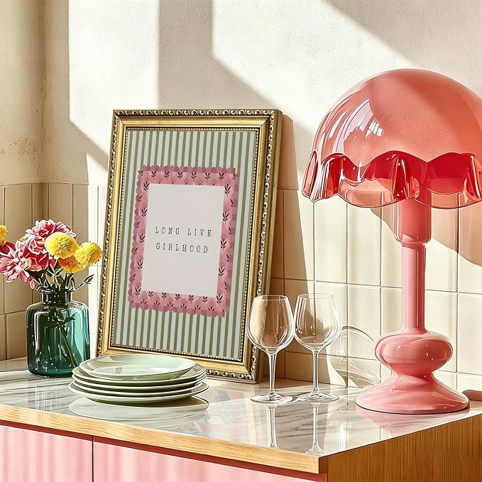 Long Live Girlhood Wall Art Vintage Girl Nursery Wall Decor Picture, Pink and Green Striped Baby Girls Poster Canvas Print Painting Artwork for Living Room Bedroom 12x16 inch Gold Framed