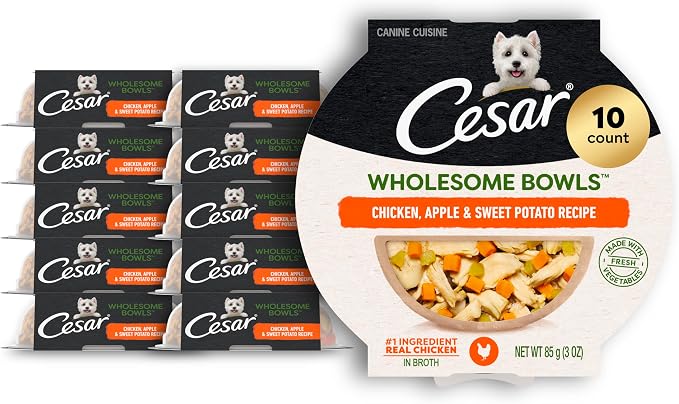 Cesar Wholesome Bowls Wet Dog Food, Chicken & Apple, 3 oz, 10 Count | Real chicken #1 ingredient, slow-cooked, 9 key ingredients, no by-products or artificial flavors, easy to digest