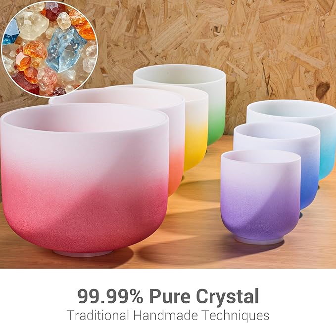 432Hz 6-12 Inch Set of 7 Quartz Crystal Singing Bowls with Gradient Colored Design, 2 Travel Carry Case Bags and Resonance Striker for Meditation and Sound Therapy