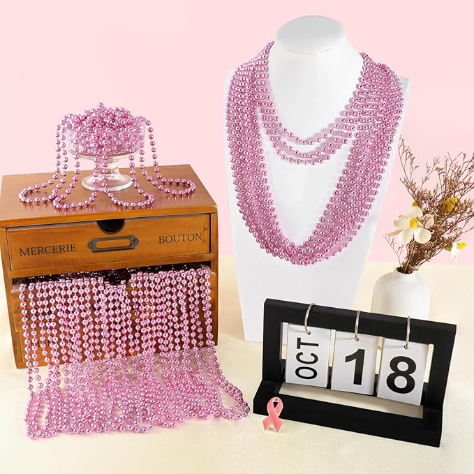 SHAOQINLIN 12 PCS Pink Bead Necklace, 33" Pink Mardi Gras Beads, Breast Cancer Awareness Beaded Necklaces, Party Beads for Mardi Gras, Christmas, Valentine's Day, Wedding, Gender Reveal Party Favors
