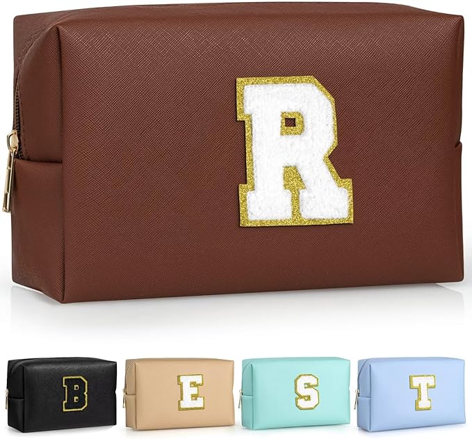 TOPEAST Cosmetic Travel Bags for Women, Preppy Small Makeup Bag, PU Leather Waterproof Toiletry Bag, Unique Friendship Gifts for Friends Coworker, Cute Stuff for Girls (Brown R)