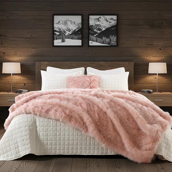 HORIMOTE HOME Pink Faux Fur Throw Blanket, Long Pile Light Pink Fur Blanket, Super Warm, Soft, Cozy, Fuzzy, Fluffy Throws for Couch Bed Sofa, Aesthetic Home Room Decor Throw, 50" x 60"