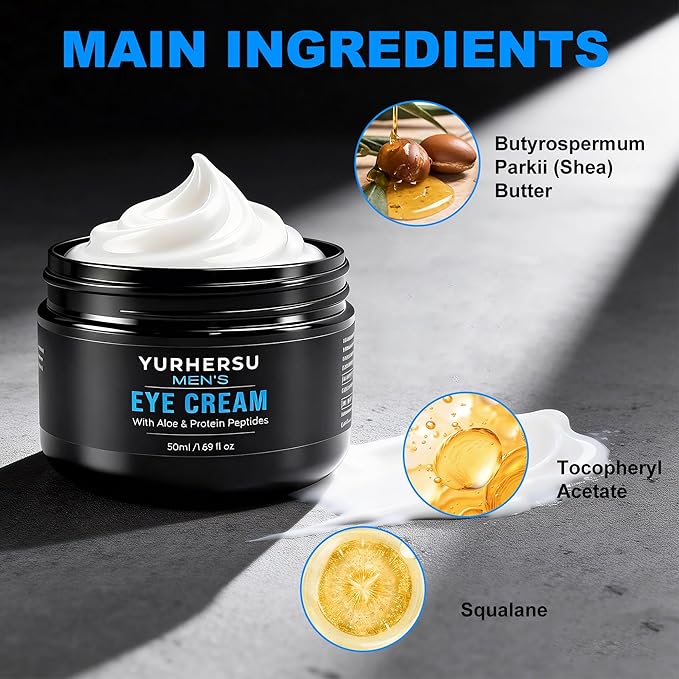 Moisturizing Men's Eye Repair Cream with Aloe & Protein Peptides, Hydrating Under Eye Cream to Reduce Puffiness, Dark Circles, Crows Feet and Bags, Daily Skin Care Treatment Cream, 1.69 oz
