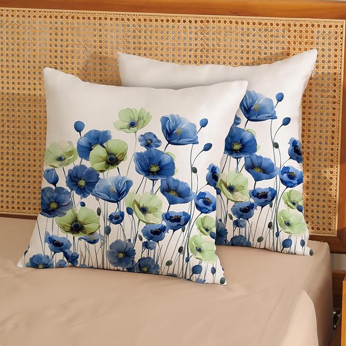 Spring Floral Pillow Covers 18x18 Set of 2 Blue Green Flower Decorative Throw Pillow Covers Decoration Summer Seasonal Pillowcase Farmhouse Decorative Cushion Cover For Couch Sofa Outdoor Decor