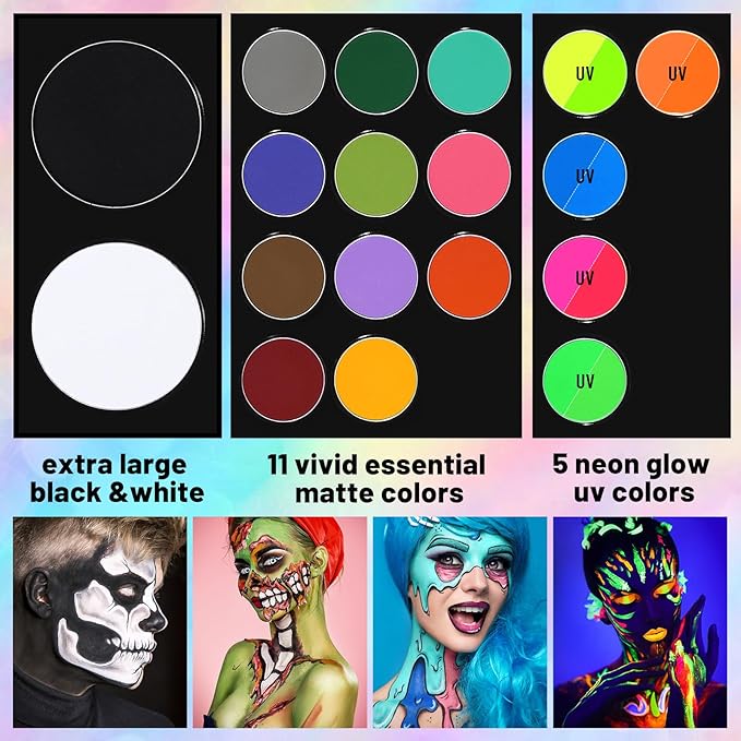 UCANBE Face Body Paint 18 Colors, Water Based Face Painting Kit with Large White Black & Neon Glow UV Facepaint SFX Makeup Palette for Halloween Party Costume Cosplay & Stage Make Up