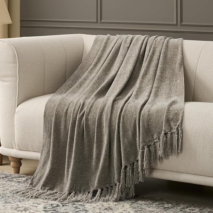 Chenille Knit Queen Blanket for Bed, 90"x90", Taupe | Super Soft Knit Throw with Tassels, Cozy, Decorative Farmhouse Plaid, Lightweight Blanket Queen Size for Couch Sofa Gift