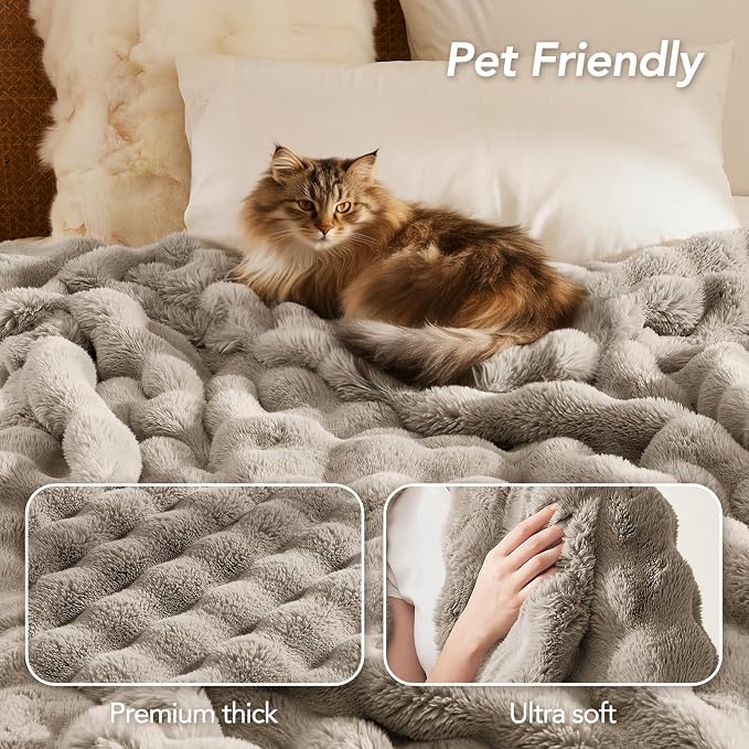 L'AGRATY Faux Rabbit Fur Throw Blanket for Couch, 90'' x 90'', Castle Grey | Soft Cozy Bubble Fluffy Blanket for Sofa Bed, Thick Warm Plush Fuzzy Throw for Room Home Decor, Luxury Gift for Women Mom