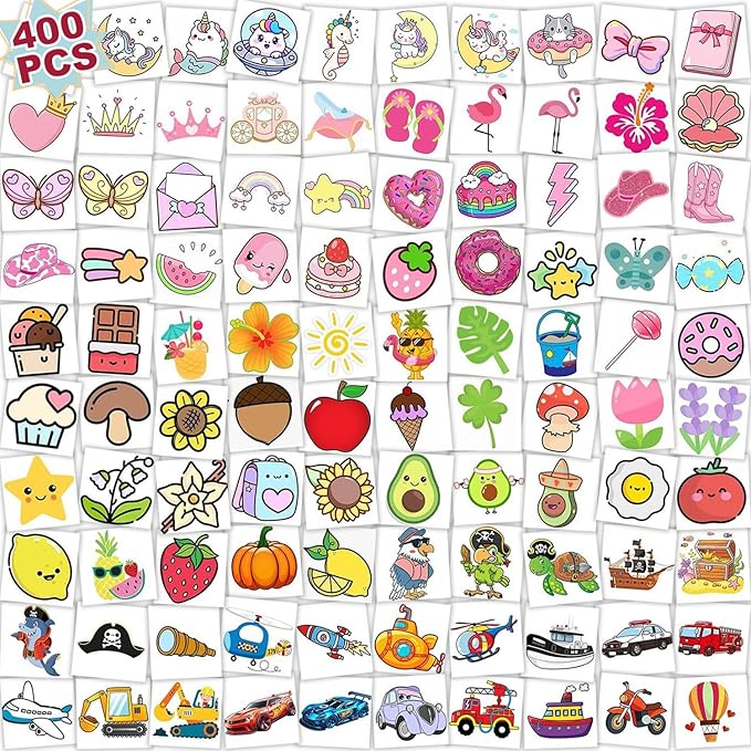 400+ Premium Temporary Tattoos for Kids & Adults - Waterproof Fake Tattoos Last 2-7 Days, Cute Fruit Animal Dessert Designs, Deluxe Gift-Ready Packaging, Perfect for Birthday Party, Halloween