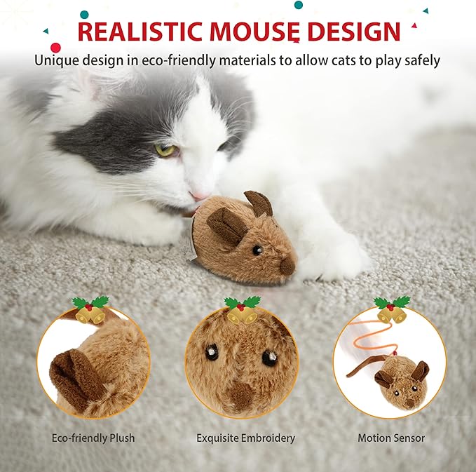 Gigwi Interactive Cat Toy Mouse, Moving Automatic Cat Toys Mice Electronic with Furry Tail, Automatic Squeaky Cat Toys for Kitten Indoor/Outdoor Exercise (Brown-Ear)