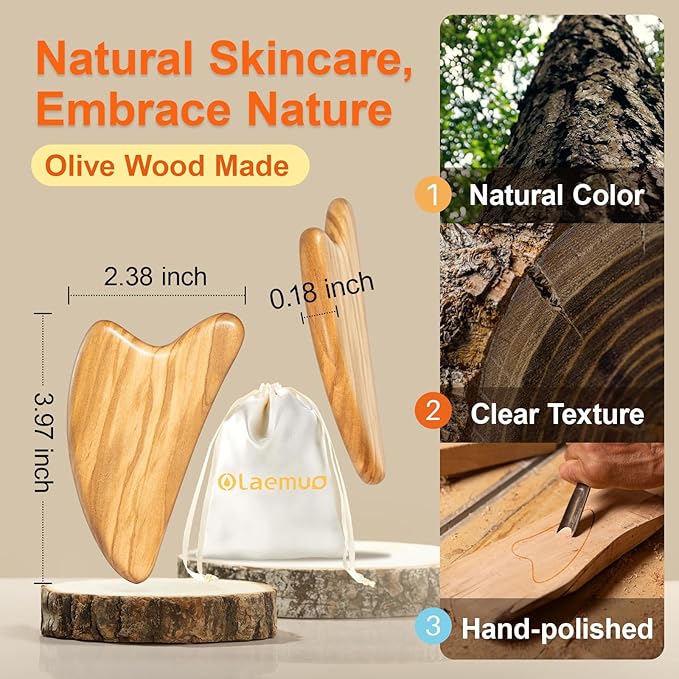 Olaemuo Gua Sha Facial Tools - Face Massager Tool for Lymphatic Drainage, Jawline Sculpting & Puffiness Reducing, Guasha Tool for Body Eyes Neck, Skin Care Gift with Pouch, Natural Olive Wood