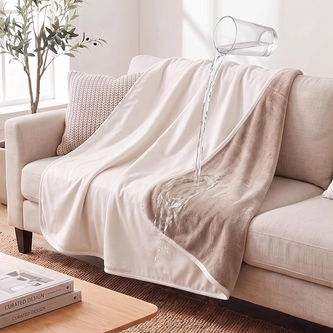 Waterproof Blanket - Reversible Dog Throw as Furniture Protector | Soft Velvet & Flannel, TPU Leak-Proof Liner, Machine Washable, Fits Couch and Bed, 68" x 82", Beige/Khaki