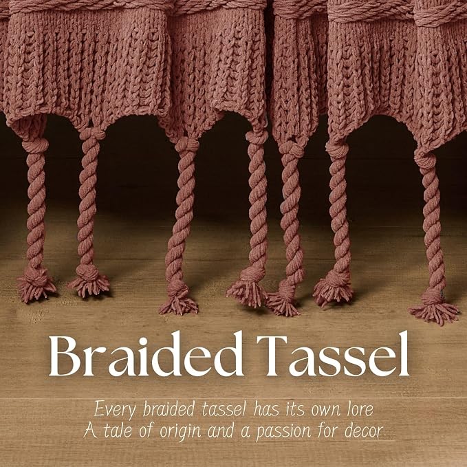 Boho Knitted Chenille Blanket with Tassels - Lightweight & Soft All-Season Throw - 3D Classic Pattern for Living Room Bedroom Couch, Clay Brown, Twin 60"x80"