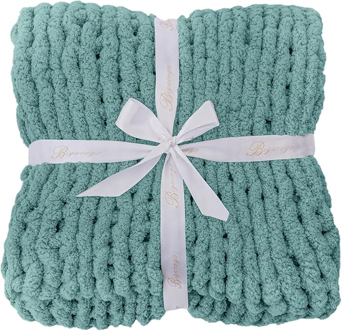 Bigacogo Chunky Knit Throw Blanket for Couch, 40x80 inches, Light Teal | Hand Knit with Jumbo Chenille, Soft Breathable Cable Knit for Sofa Bed Living Room, Machine Washable, Gift for Mom Friend