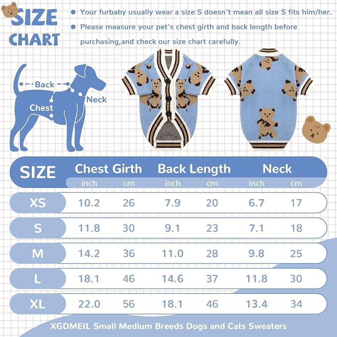 Small Dog Sweaters Cute Bear Knitted Dog Cardigans Clothes for Small Medium Dogs Soft Pet Puppy Cat Knitting Outfits Fall Winter Warm Boy Girl Dogs Knitwear Coat Apparel（Blue,Medium）
