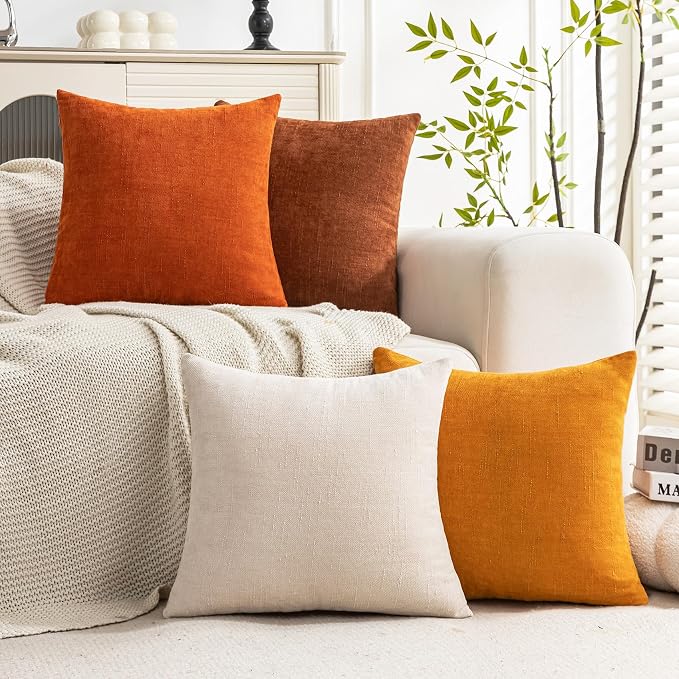 Set of 4 Soft Textured Decorative Throw Pillow Covers 20x20 Inch Cozy Farmhouse Cushion Cover Square Accent Pillow Cases for Bed Couch Sofa Living Room, Beige Rust Orange