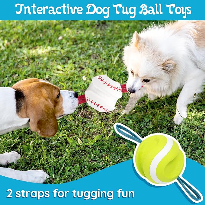LECHONG Dog Balls with Straps for Tugging 2 Pcs, Interactive Dog Toys, Puppy Toys to Keep Them Busy, High Bouncy Balls for Dogs, Tennis Ball Base Ball Toys