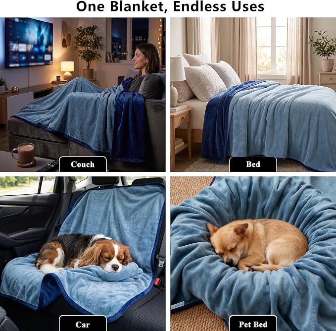 Waterproof Blanket - Reversible Dog Throw as Furniture Protector | Soft Velvet & Flannel, TPU Leak-Proof Liner, Machine Washable, Fits Couch and Bed, 52" x 82", Navyblue/Stoneblue