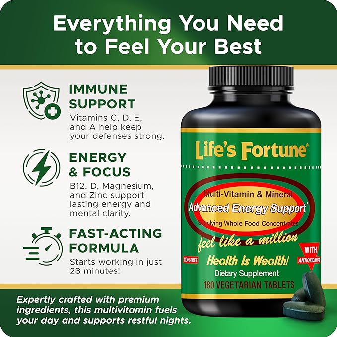 Life's Fortune Whole Food Multivitamin & Mineral, Advanced Energy Support Supplement, Daily Wellness for Men & Women, Amino Acids, Biotin, 180 Vegetarian Tablets