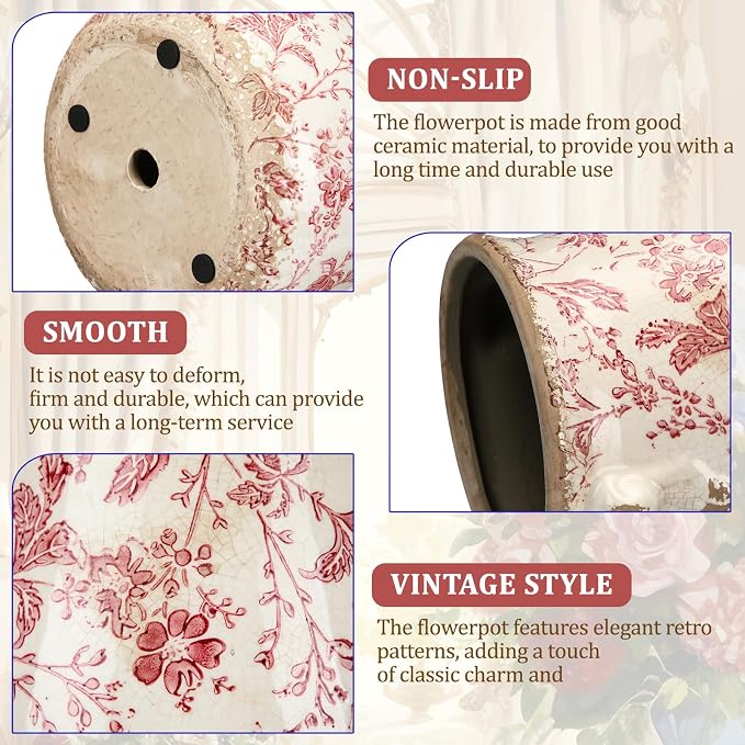 Ceramic Scroll Planter 6.5 Inch Chinoiserie Floral Vase with Drainage Holes Vintage Flower Vase Flower Pot Rustic Ceramic Pots for Indoor Plants Garden Home Bookshelf Decor(Pink Floral)