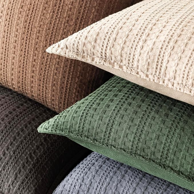 Foindtower Set of 2 Decorative Cotton Waffle Weave Throw Pillow Covers Euro Shams Cushion Covers Accent European Pillowcase for Bed Couch Sofa Bedroom Living Room Home Decor 22×22 Inch Dark Green