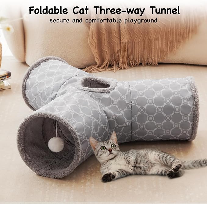 Tempcore Fleece-Lined Cat Tunnel, 3-Way Collapsible Toy, Geometry Grey