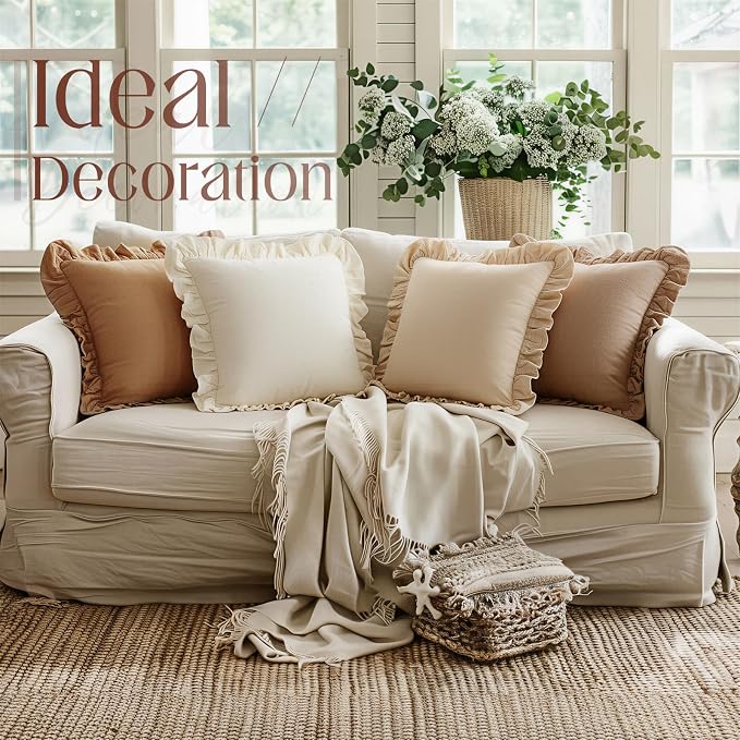 8 Packs Neutral Color Ruffle Pillow Covers with Inserts 18 x 18 Inches Soft Cotton Ruffle Pillowcase Rustic Boho Farmhouse Modern Home Decor for Bed Sofa Living Room Couch