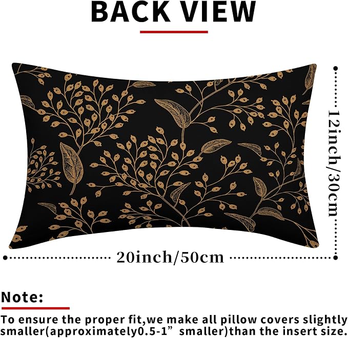 Boho Lumbar Pillow Covers 12X20 Inch Set of 2 Black Gold Floral Leaves Decorative Pillow Cases Vintage Flower Leaf Cotton Linen Cushion Case Farmhouse Home Decor for Sofa Couch Porch Outdoor