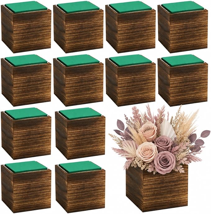 12 Set Wood Cube Planter Box Square Wood Vase Rustic Cube Planter Box with Removable Plastic Liner Floral Foam Blocks for Centerpieces Home Wedding Garden Decor, Country Style (Brown)