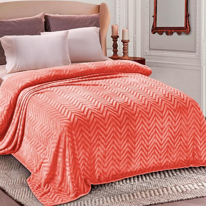 Whale Flotilla Flannel Fleece Fall Bed Blanket Twin Size, Coral | Lightweight Breathable Soft Bedspread, Plush Fluffy Coverlet Chevron Design Decorative Blanket for Home Life, 60x80 Inch