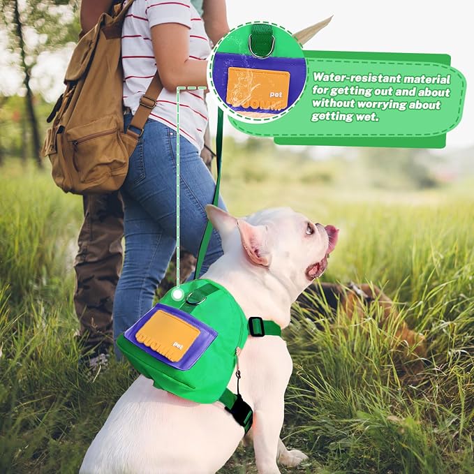 Adjustable Dog Backpack Harness with Leash & Poop Bag Dispenser, Waterproof Dog Saddle Bag, Pets Self Carrier Dog Harness Bag for 17-33 Lb Medium Doggy Travel Hiking Walking (Green)