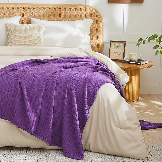 EMME Muslin Blankets for Adults Throw Blanket for Couch Breathable Gauze Soft Lightweight Airy Purple Twin 60" x 80"