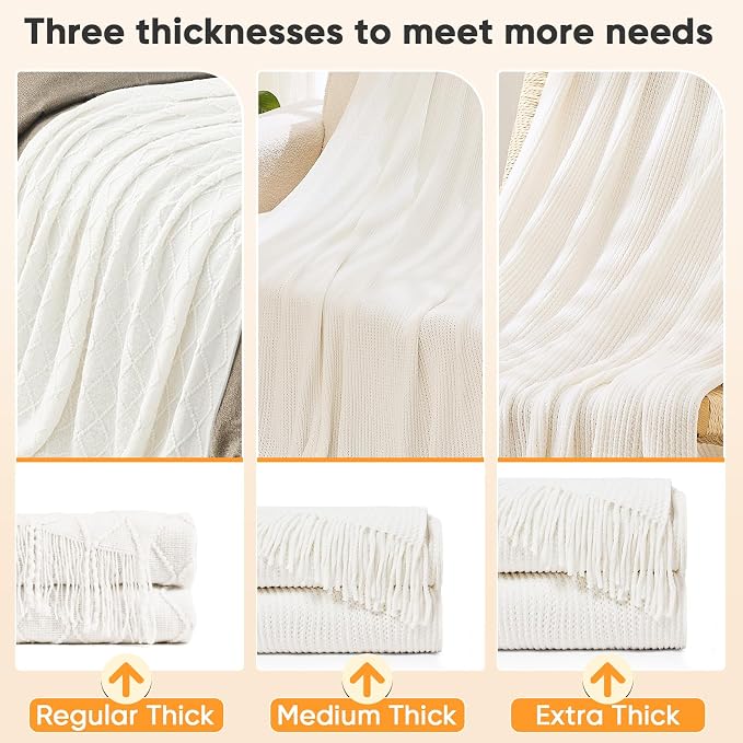 inhand Off White Knitted Throw Blanket for Couch and Bed, 60"x80" | Soft Cozy Knit Blanket with Tassel, Lightweight Decorative Blankets and Throws, Farmhouse Warm Woven for Men and Women