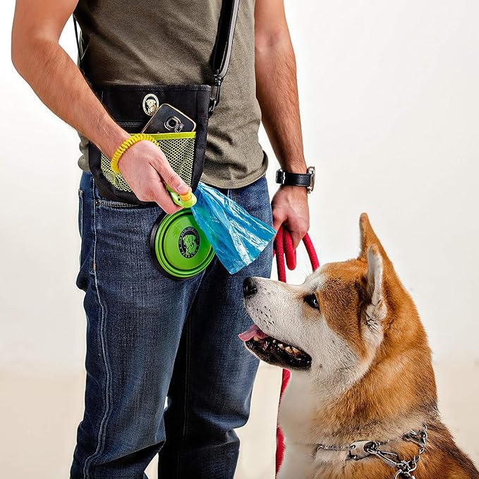 Dog Treat Pouch for Training & Walking, Pet Treat Bag with Poop Bag Dispenser, Pro Clicker, Collapsible Travel Bowl & Reflective Shoulder Strap - Black/Green