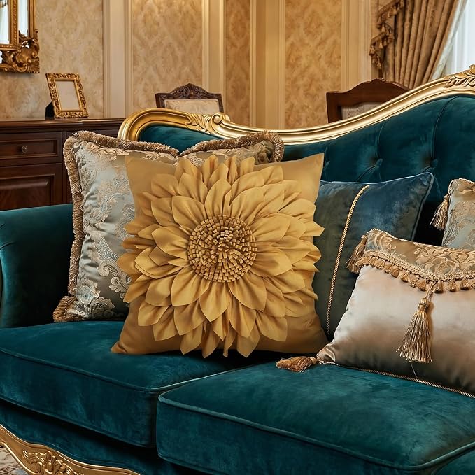 Gold Accent 3D Flower Decorative Throw Pillow Covers for Bed Sofa Couch | Bella's Giftshop Handmade Sunflower Taffeta Pillow Cases Living Room Bedroom Decor, 18x18 Inch