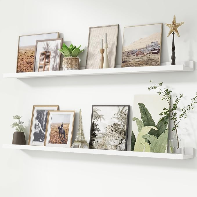 Picture Ledge Shelf, Long Floating Shelves for Wall, 52" W Set of 2, White | FSC Certified Engineered Wood, Wall Mounted Bookshelf, for Nursery Living Room Bedroom, Easy Install