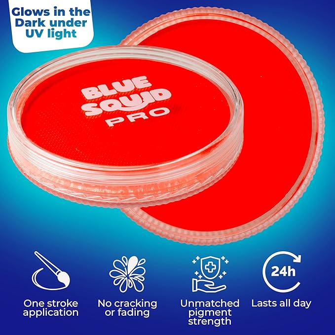 Blue Squid Face Paint Water Based Single Cake Professional Face Paint & Body Paint - Water Activated, Kids Adults Face Painting for Costume, Halloween Makeup, Cosplay - Neon Orange Red Face Paint 30g