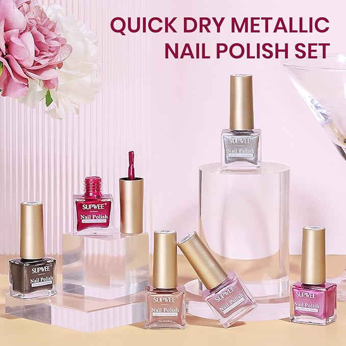 Metallic Nail Polish Set, Mirror Nail Polish Non Gel Quick Dry & High Gloss Chrome Effect Mini Air Dry Nail Lacquer Fingernail Toe Nails for Women Girls Manicure Salon DIY Home