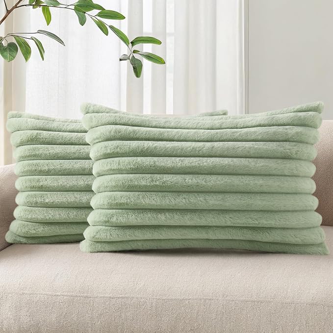 Pallene Faux Fur Decorative Throw Pillow Covers 12x20 Set of 2, Sage Green | Luxury Plush Texture, Striped Design, Cozy Soft Touch, Modern Home Accent Decor for Couch, Sofa, Bed, Living Room