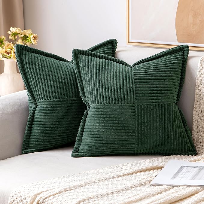 MIULEE Decorative Throw Pillow Covers for Couch 18x18 Inch Dark Green | 2 Pack, Boho Broadside Striped Patchwork Pillow Covers, Soft Corduroy Cushion Cases, For Sofa Bed Livingroom Home Decor