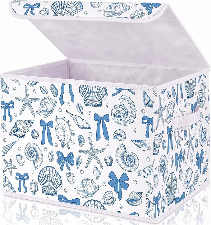 Briwooody Beach Storage Bin with Lid and Carrying Handle Coastal Blue Bow Seashell Foldable Storage Box Summer Bachelorette Party Decorative Collapsible Container Basket for Closet Home Bedroom Gift