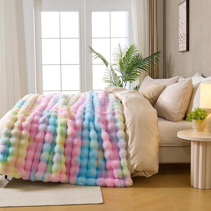 DOWNCOOL Faux Fur Throw Blanket for Couch, Ultra Soft Fluffy Fuzzy Plush Bubble Blanket for Sofa Bedroom Living Room, Cozy Warm Luxury Fleece Minky Blanket, 50x60 Inches Rainbow