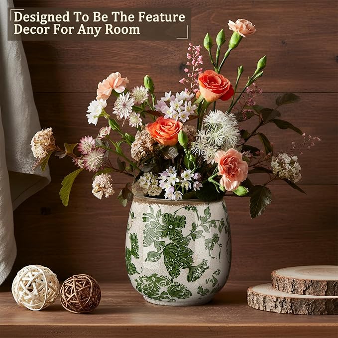 SiliFine Vintage Ceramic Flower Pot with Ice Crackle Rustic Planter with Drainage Holes for Indoor and Outdoor Decor Home Living Room Garden Decor Gardening Gift(Vintage Green Style)
