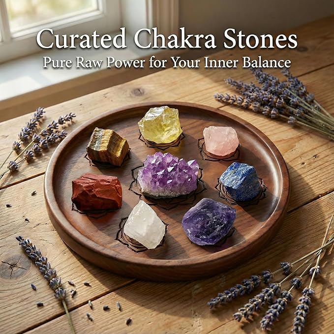 Premium Amethyst Cluster & 7 Chakra Healing Crystals Set - Amethyst, Rose Quartz, Citrine, Lapis Lazuli, Clear Quartz, Tigers Eye, Red Jasper - for Yuga ,Meditation, Reiki, Energy Alignment - with Wooden Gift Box, Guidebook & Velvet Pouch