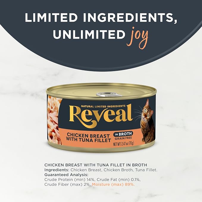 Reveal Chicken & Tuna in Broth Grain Free Wet Cat Food 24-Pack 2.47 oz Cans | 100% Natural, High Quality Protein, Limited Ingredient, Grain Free, No Fillers, No Artificial Additives, No By-Products