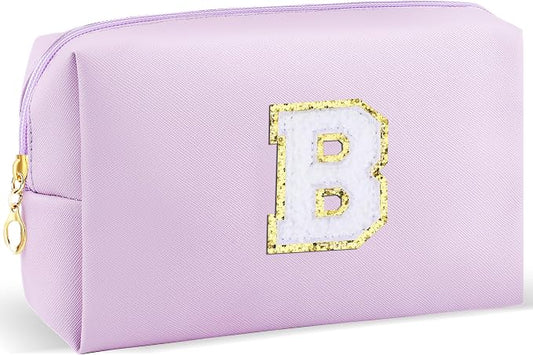 URSKYTOUS Gifts for Girls Initial Makeup Bag Personalized Cosmetic Bag with Zipper Cute Travel Toiletry Bag Waterproof PU Preppy Makeup Pouch Birthday Gift for Teen Girls Women(Purple B)