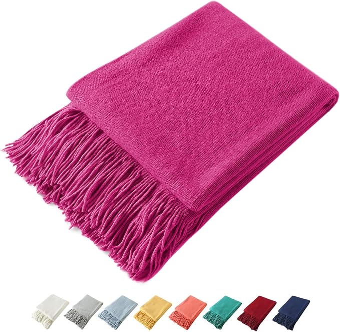 Homiest Dark Pink Knitted Throw Blanket with Fringe, 50x60 Inch | Pure Acrylic, Lightweight & Breathable, All-Season Use, Machine Washable, Wrinkle & Fade Resistant, for Couch Sofa And Bed