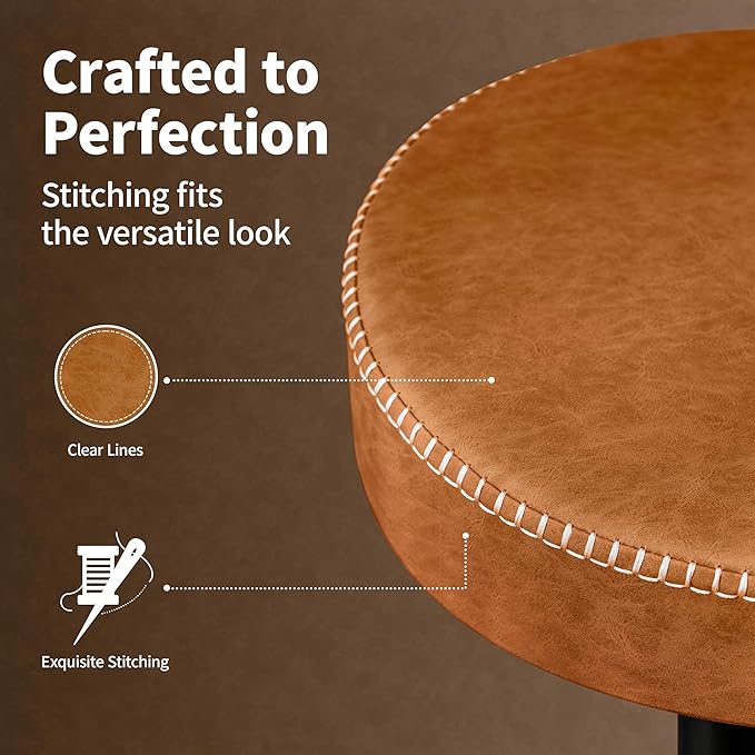 Tall Bar Stools Set of 2 Modern Microfiber Leather Bar Height Stools with Round Seat 360° Swivel Backless Counter Stools Adjustable Barstools for Kitchen Island Pub Brown(24-33 Inch,330lbs)