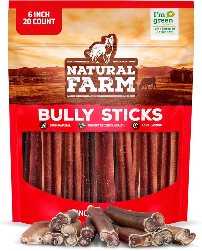 Natural Farm Odor-Free Bully Sticks (6 Inch, 20 Pack), 100% Beef Chews for Pups, Small and Medium Dogs, Non-GMO, Grain-Free, Fully Digestible, Natural Treats to Keep Your Dog Busy