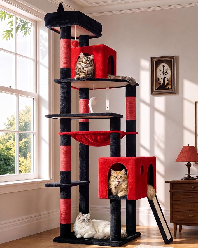 Globlazer Gothic Heavy Duty Cat Tree, 70in Tall Sturdy Goth Cat Tree for Indoor Cats Extra Large Cat Tower with Scratching Post, Cat Condos for Adult Cats Kittens, Hammock, Perch, F70 Pro, Red Black