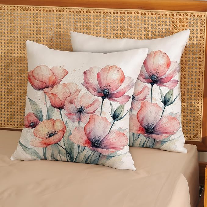 Spring Pillow Covers 18x18 Set of 2 Watercolor Orange Pink Floral Throw Pillow Cover Decoration Summer Seasonal Vintage Flower Farmhouse Decorative Cushion Cover for Home Sofa Outdoor Decor